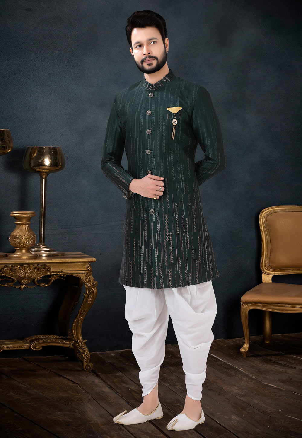 Green Silk Indo Western Suit 256229