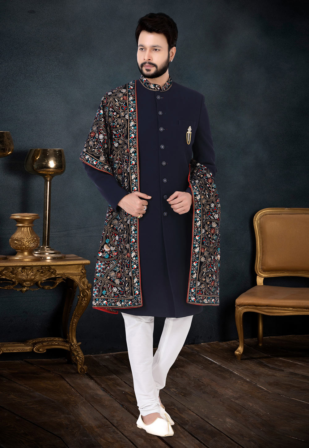 Navy Blue Rayon Indo Western Suit 256237