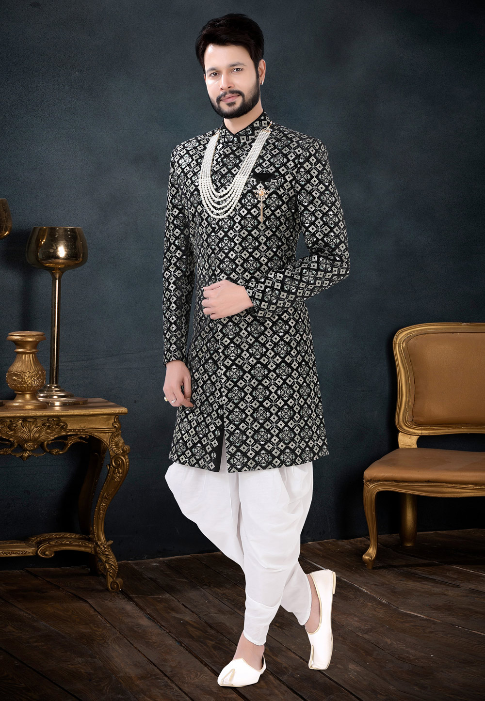 Black Velvet Indo Western Suit with Embroidery Jacket - MNEH1817...