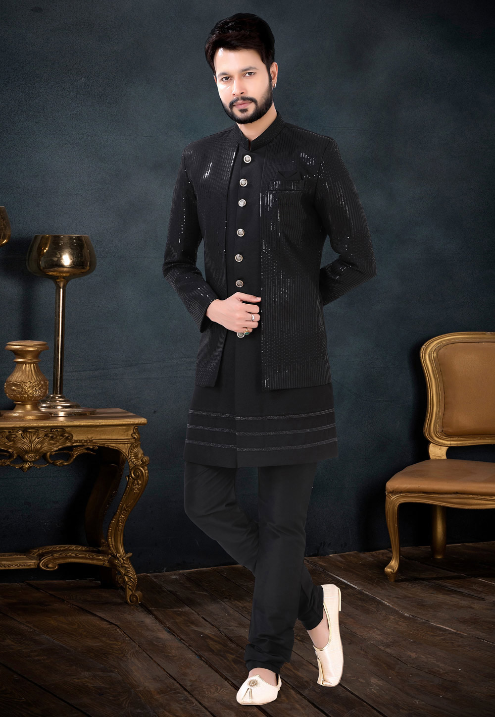 Black Rayon Indo Western Suit 256255