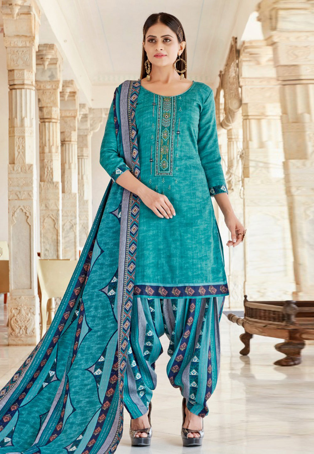 Turquoise Pashmina Punjabi Suit 211662