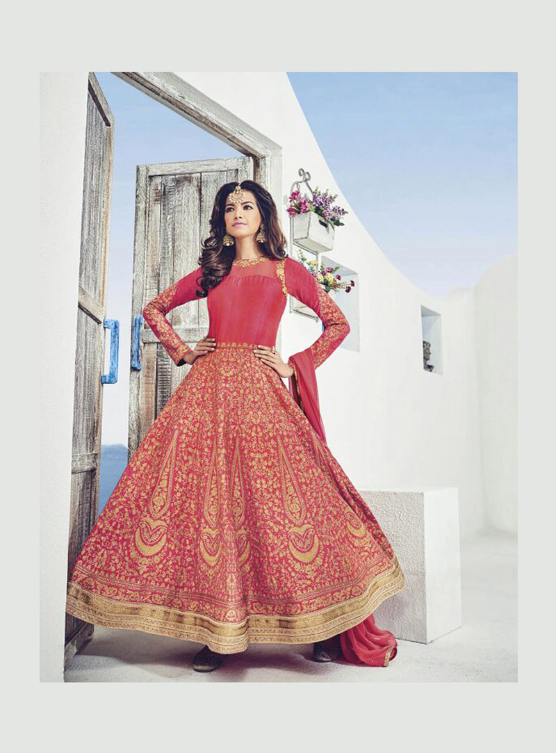 Pink Raw Silk Ankle Length Anarkali Suit 76872
