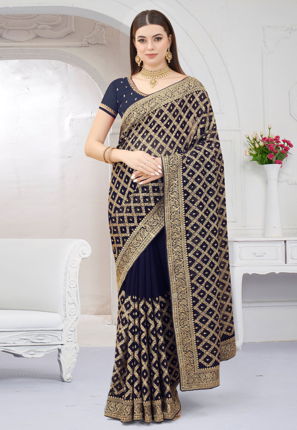 Navy Blue Georgette Saree With Blouse 252762