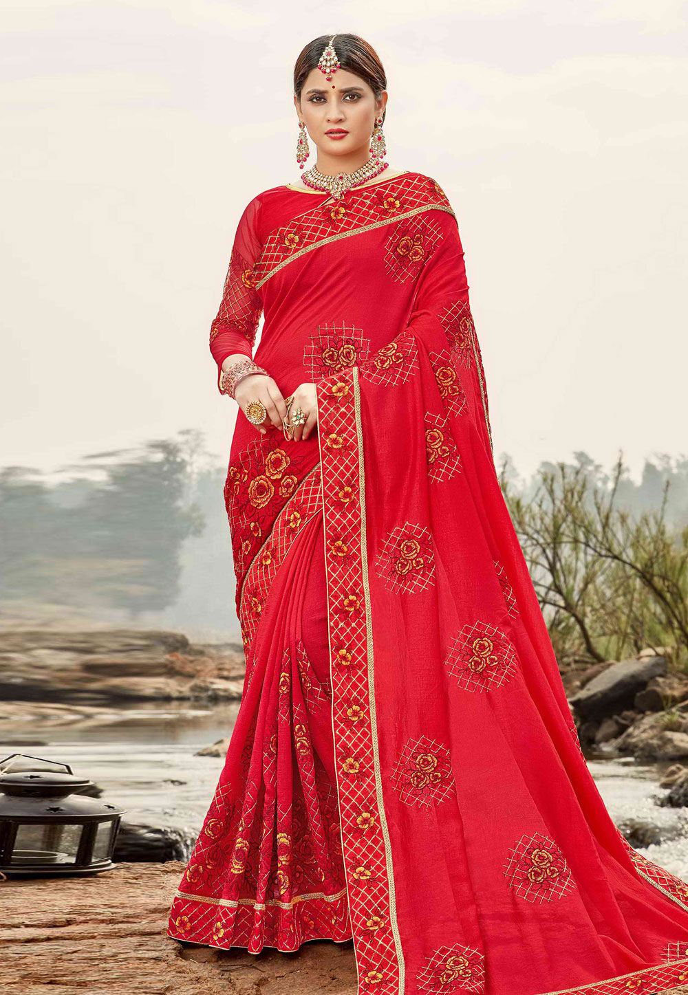 Red Bhagalpuri Silk Festival Wear Saree 211686