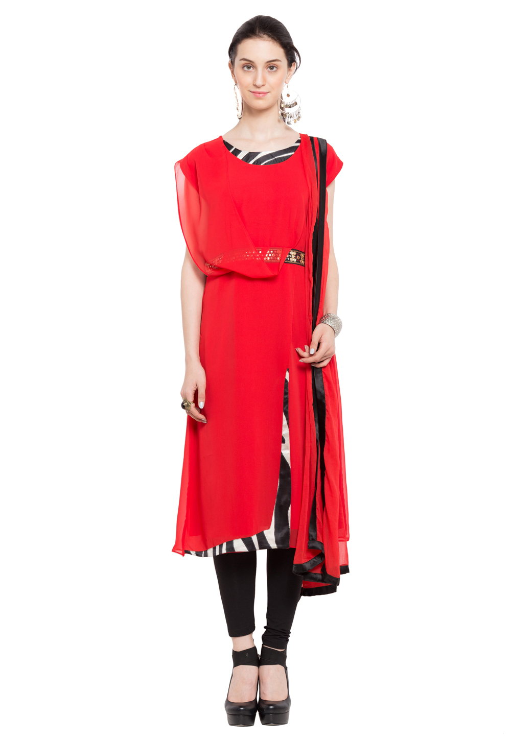 Red Faux Georgette Readymade Churidar Suit 230333