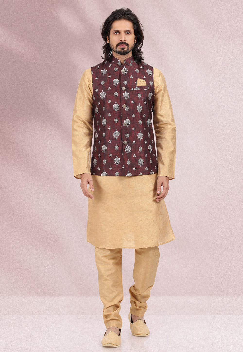 Beige Banarasi Silk Kurta Pajama With Jacket 256861