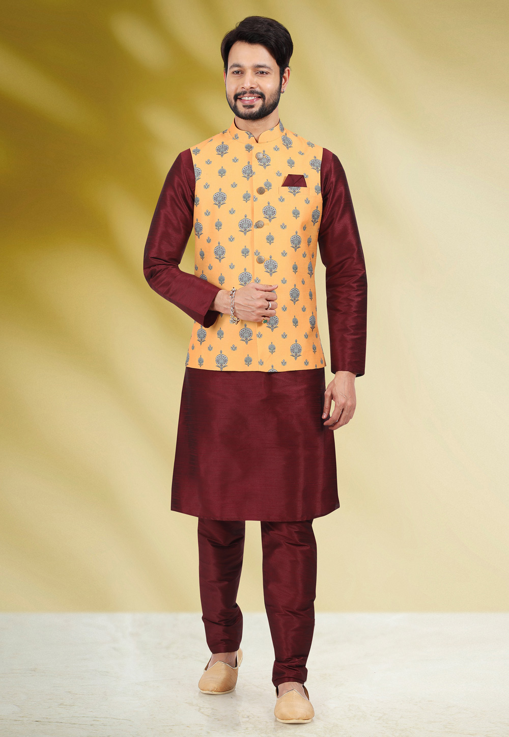 Maroon Banarasi Silk Kurta Pajama With Jacket 256862