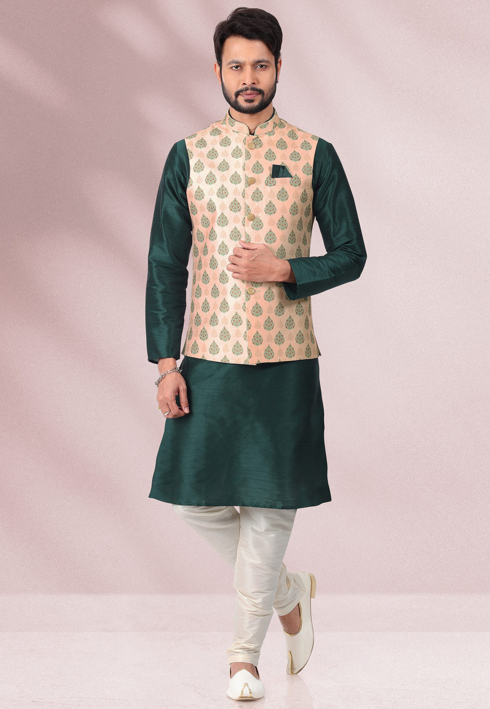 Green Banarasi Silk Kurta Pajama With Jacket 256863