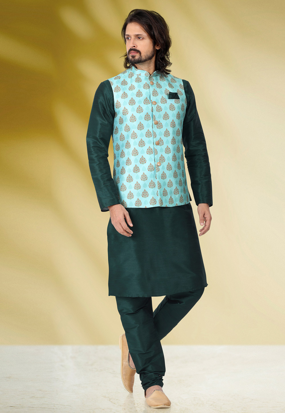Green Banarasi Silk Kurta Pajama With Jacket 256864