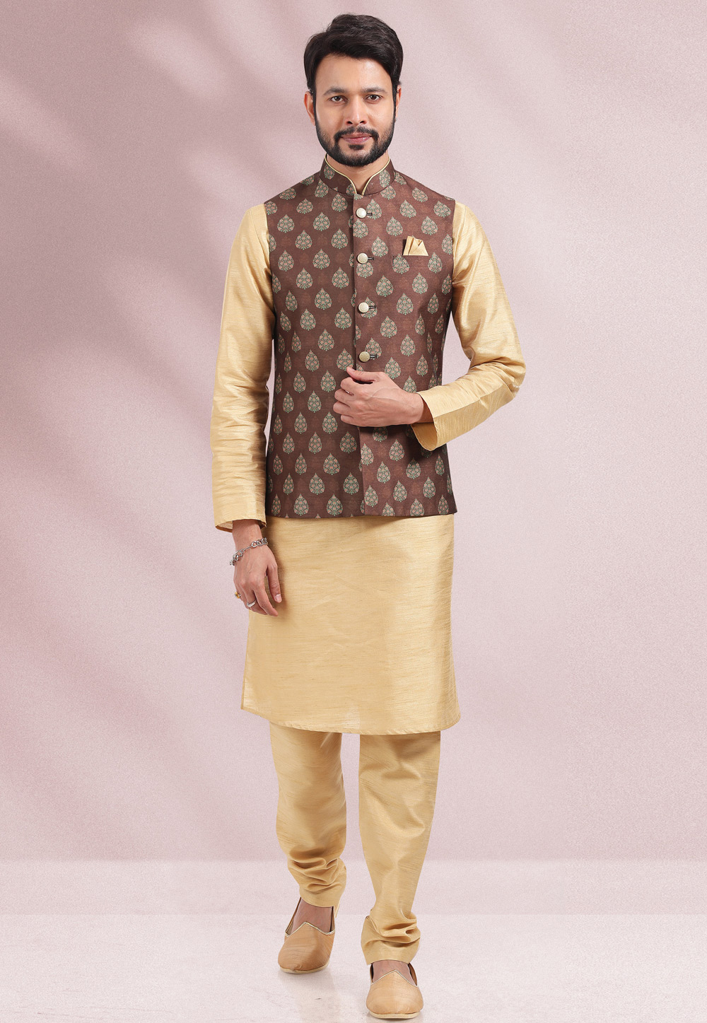 Beige Banarasi Silk Kurta Pajama With Jacket 256865