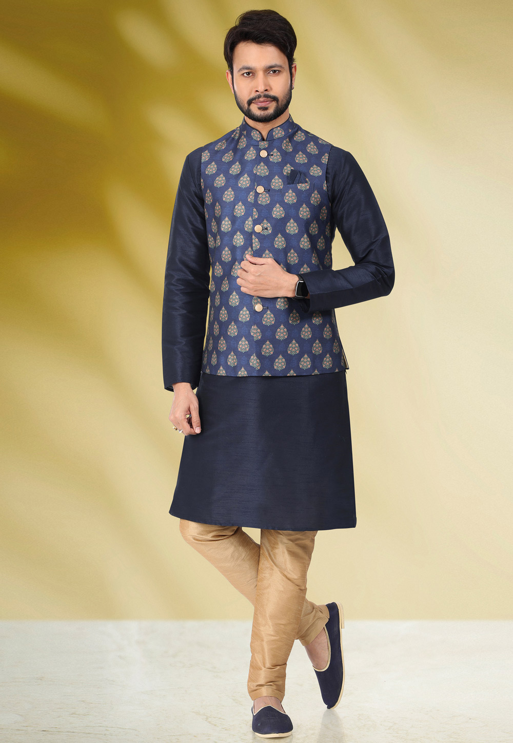 Navy Blue Banarasi Silk Kurta Pajama With Jacket 256866