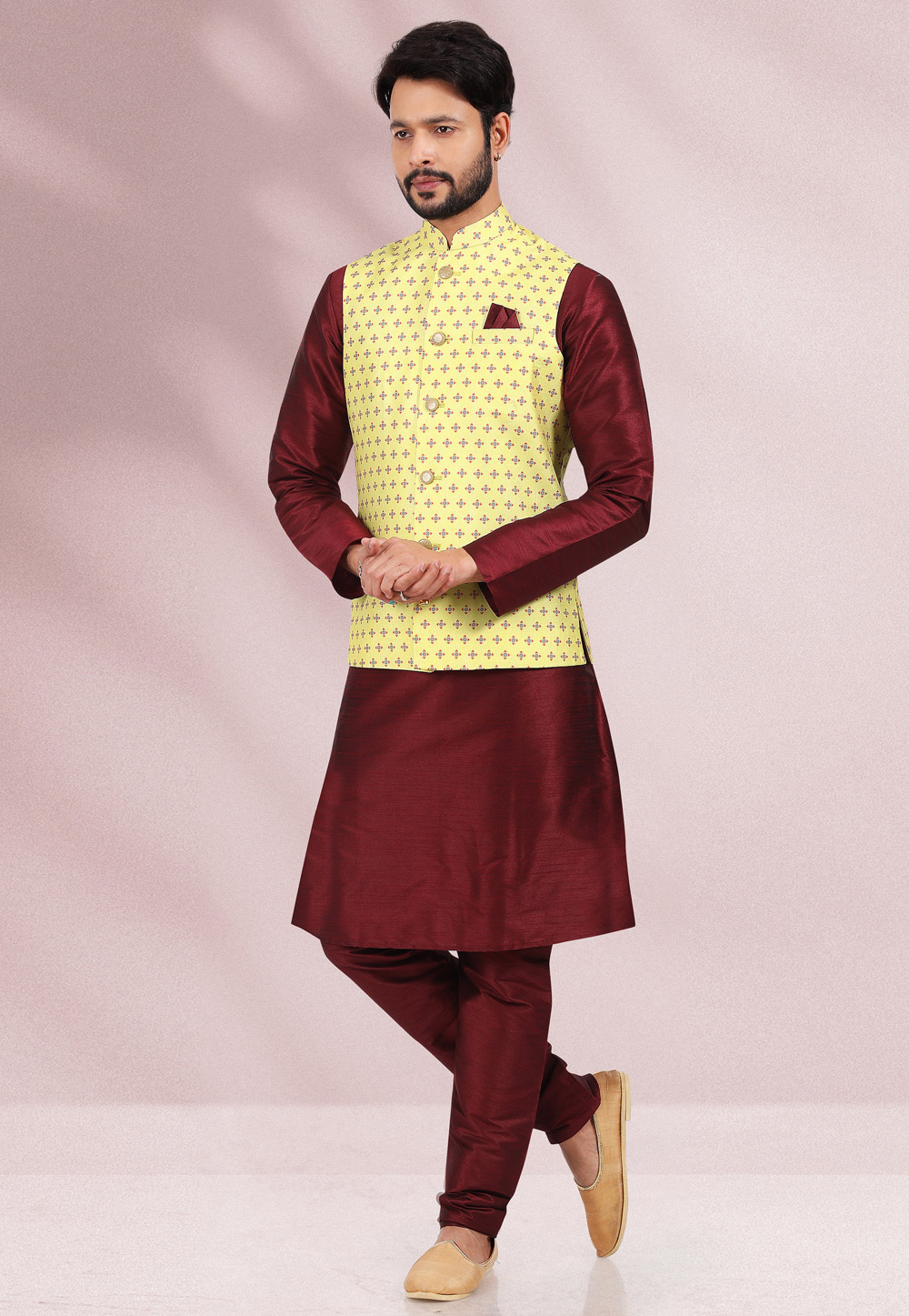 Maroon Banarasi Silk Kurta Pajama With Jacket 256867