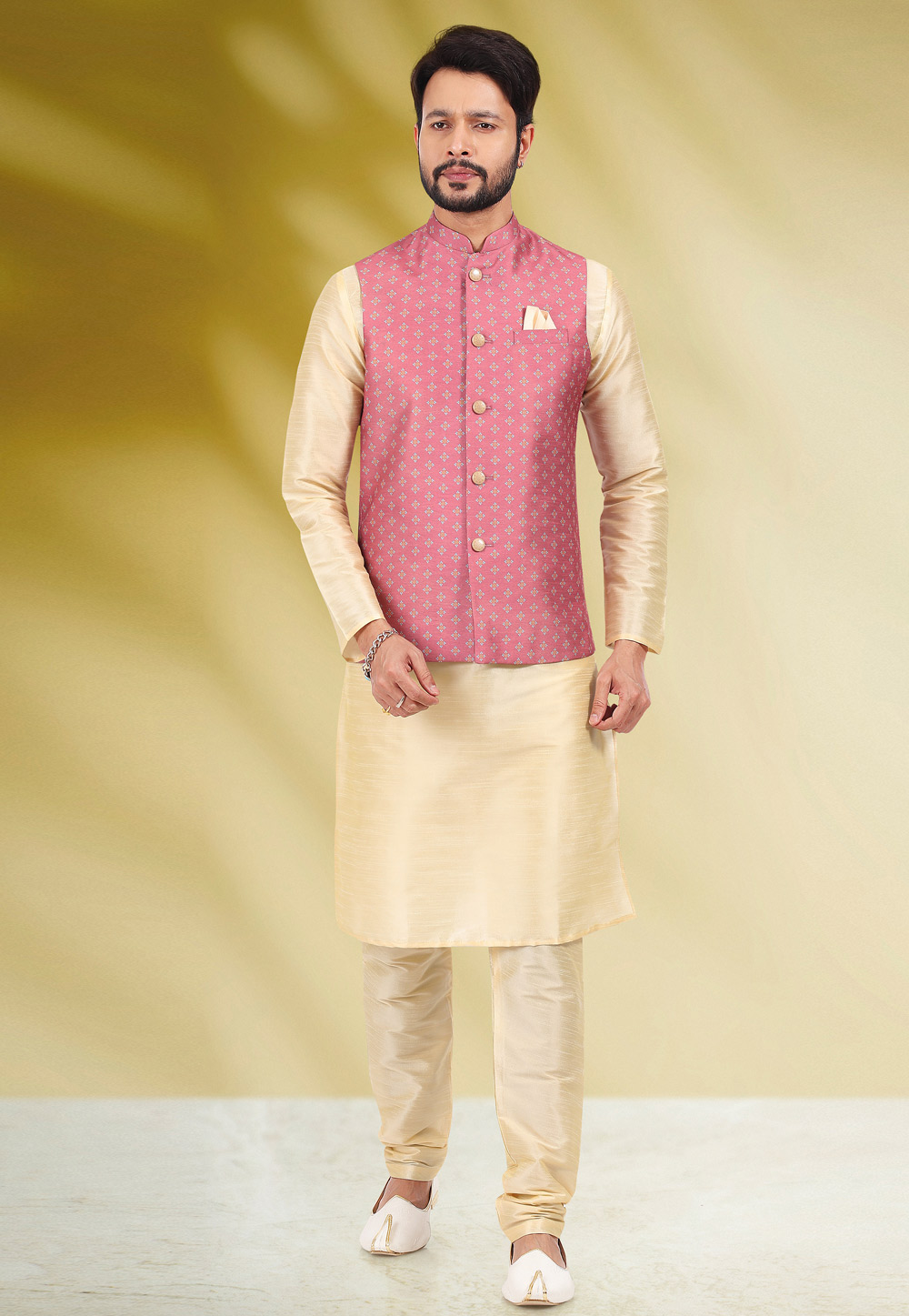 Beige Banarasi Silk Kurta Pajama With Jacket 256868