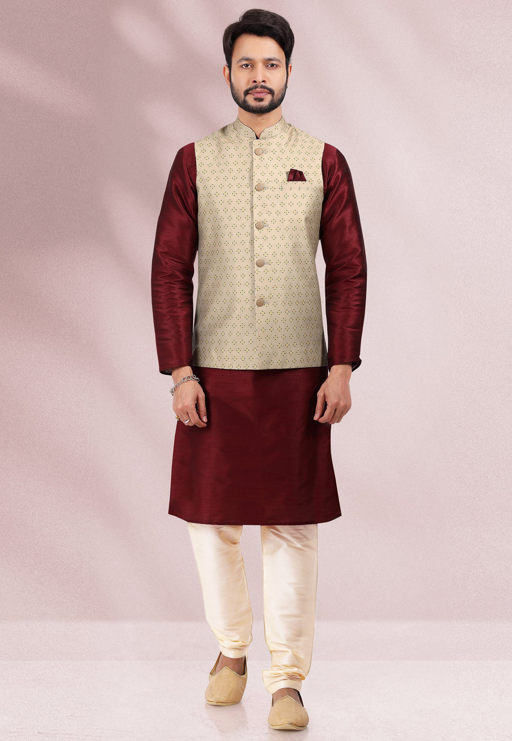 Maroon Banarasi Silk Kurta Pajama With Jacket 256869