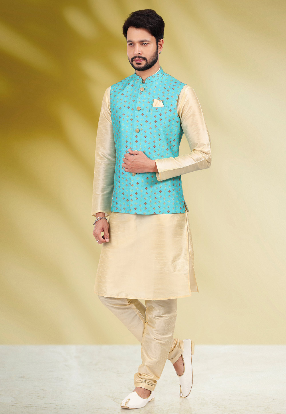 Beige Banarasi Silk Kurta Pajama With Jacket 256870