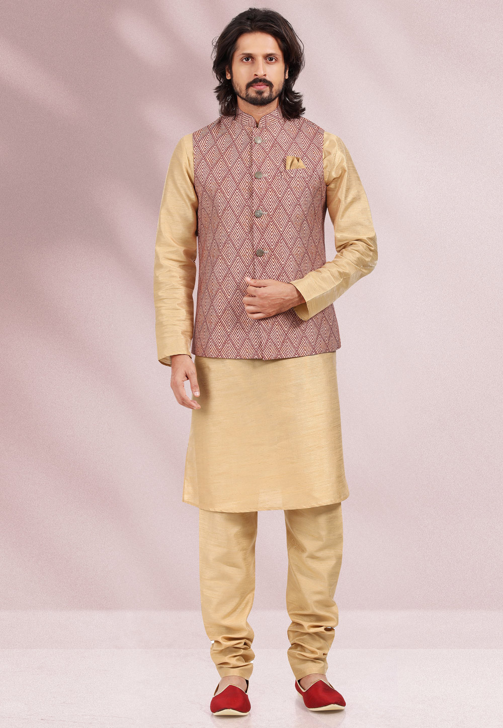 Beige Banarasi Silk Kurta Pajama With Jacket 256871