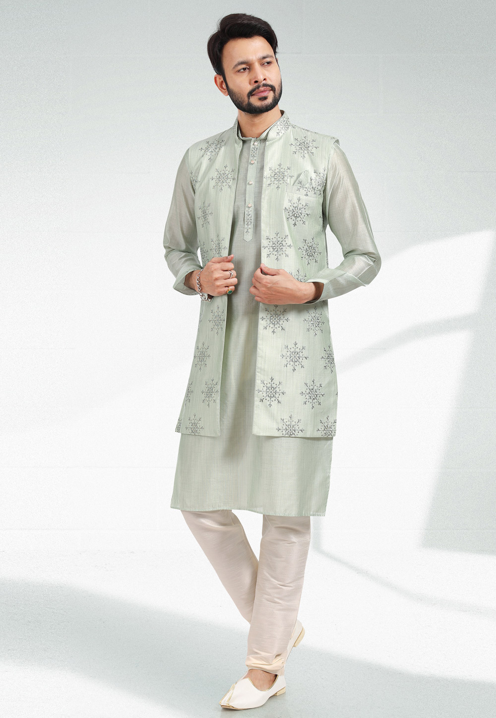 Pista Green Art Silk Indo Western Suit 257548
