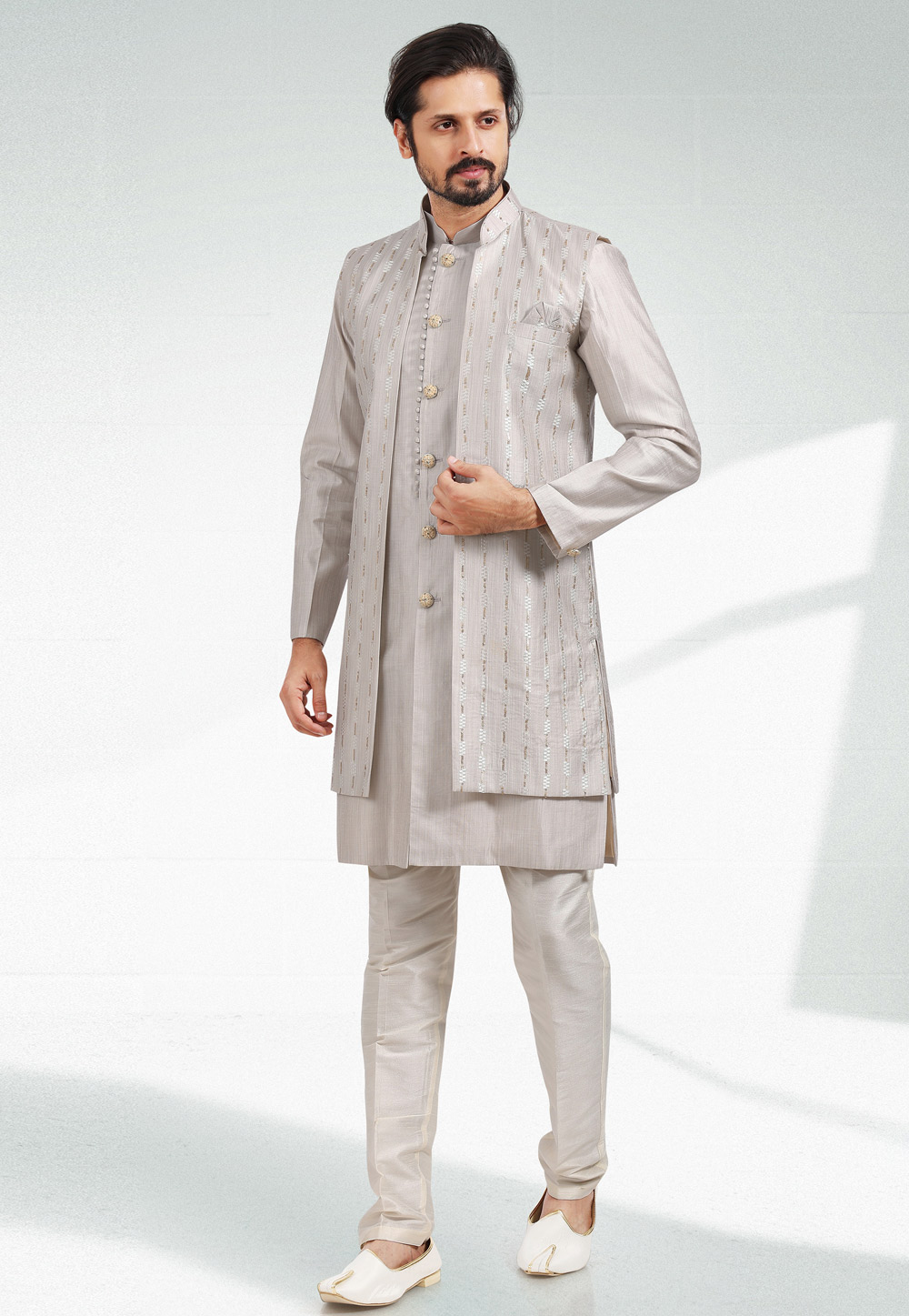 Grey Art Silk Indo Western Suit 257550