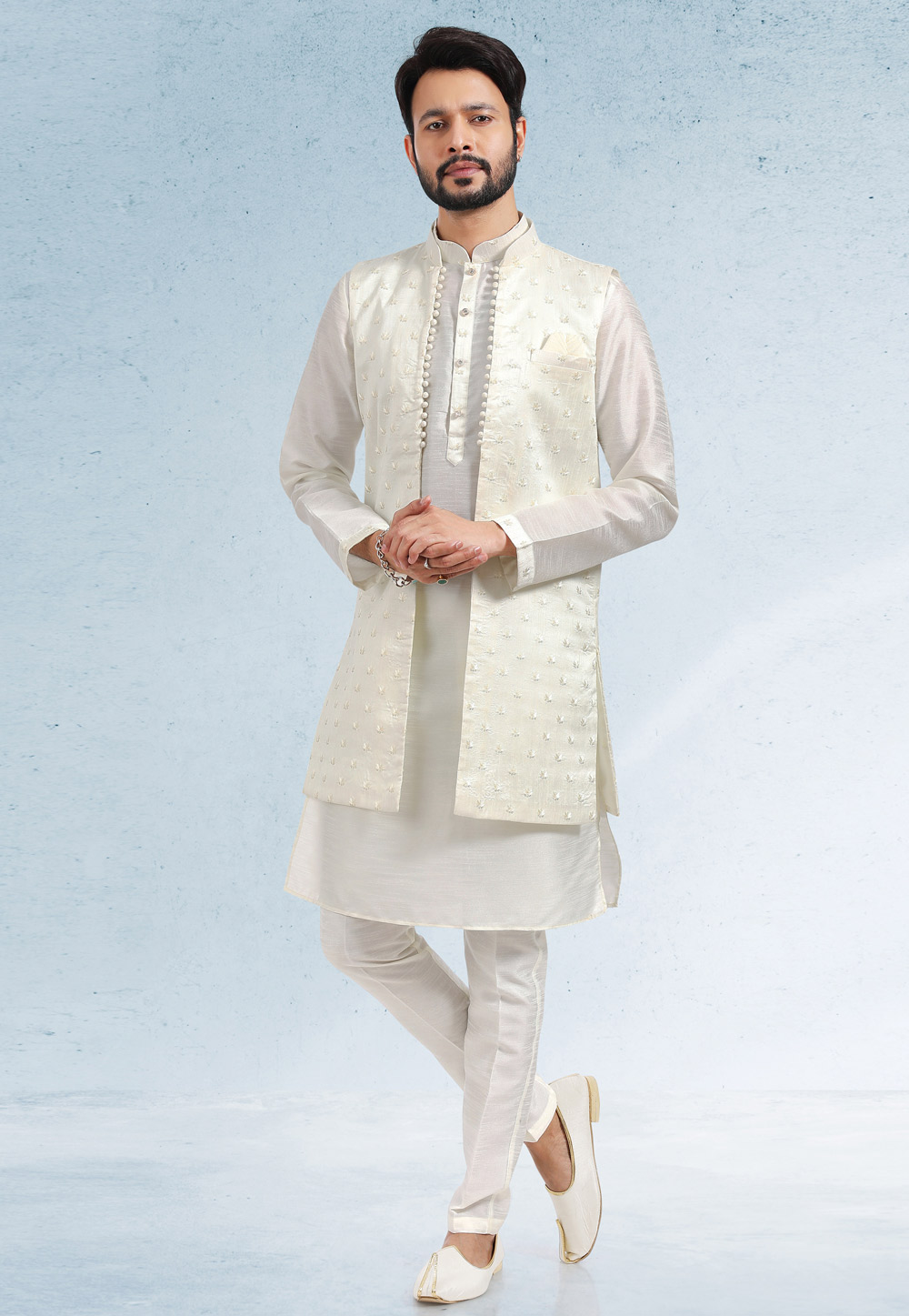 Off White Art Silk Indo Western Suit 257551