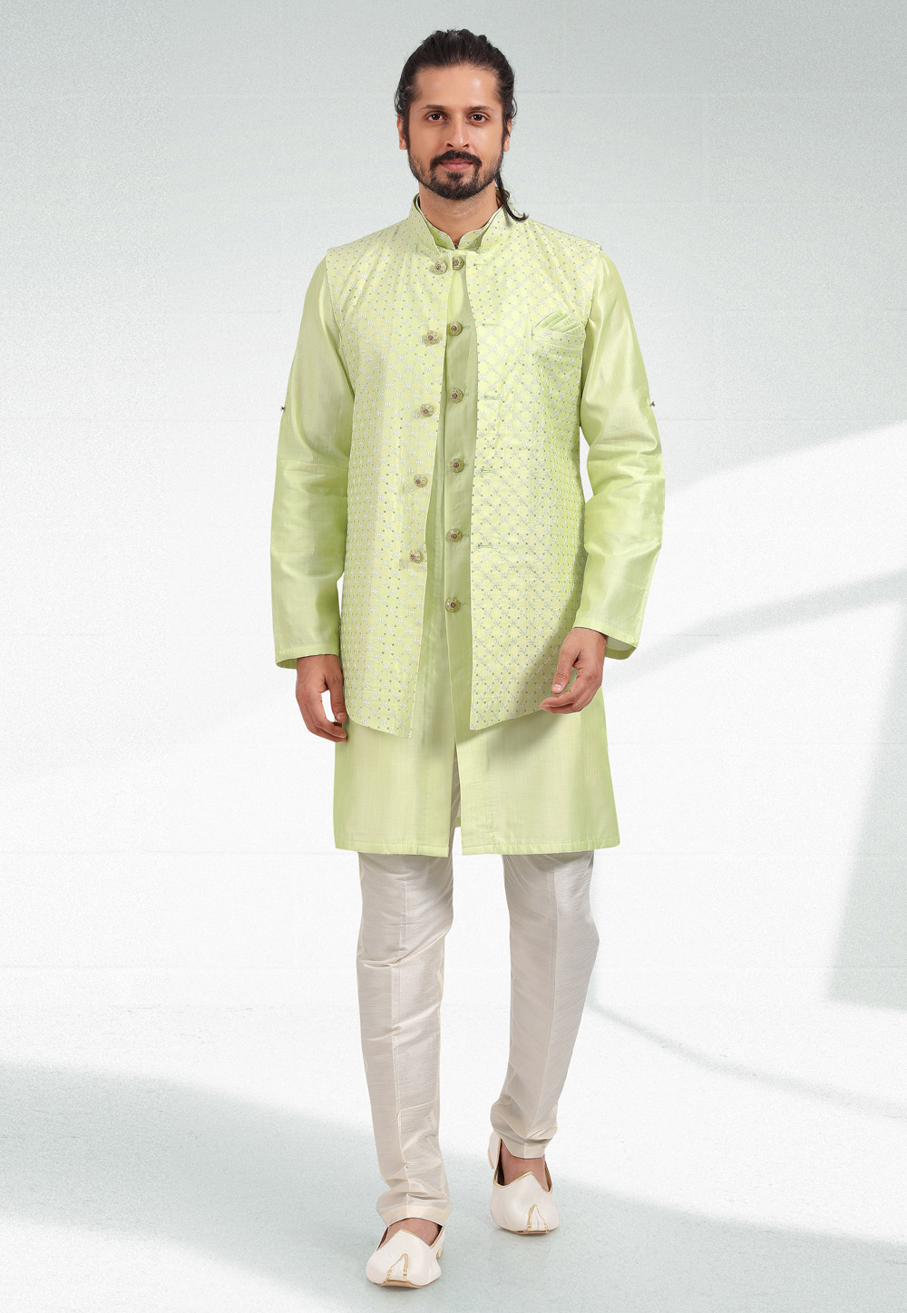 Pista Green Art Silk Indo Western Suit 257552