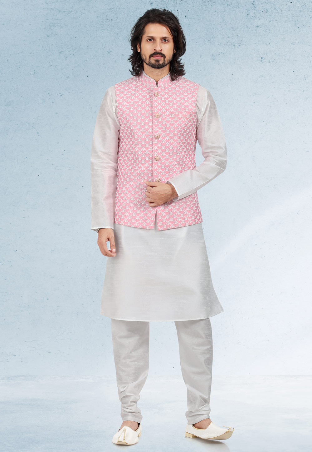 White Art Silk Kurta Pajama With Jacket 257555