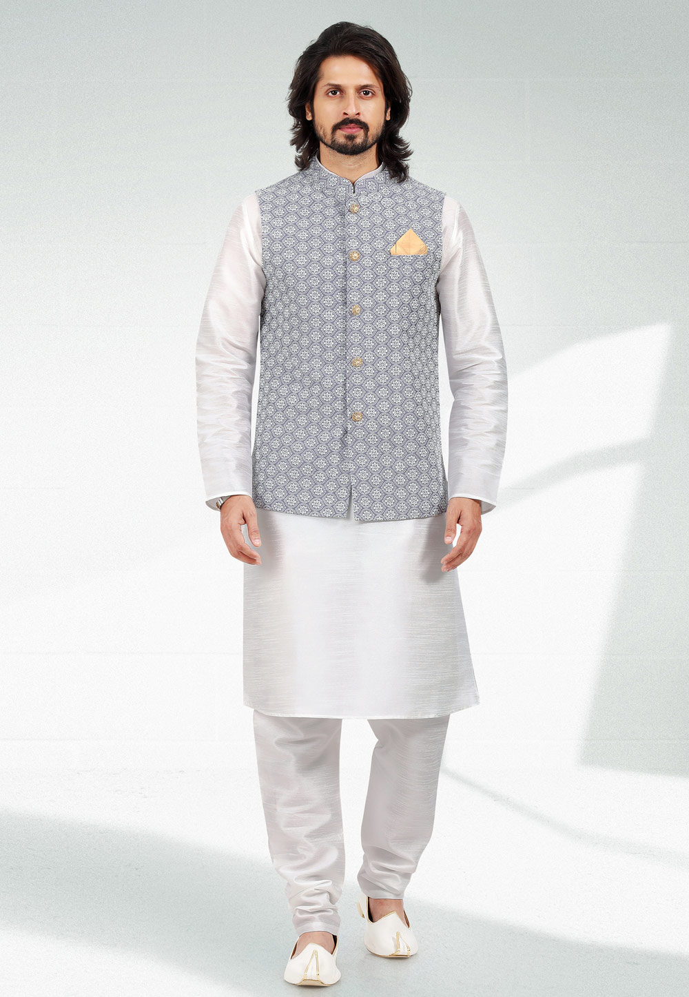 White Art Silk Kurta Pajama With Jacket 257558