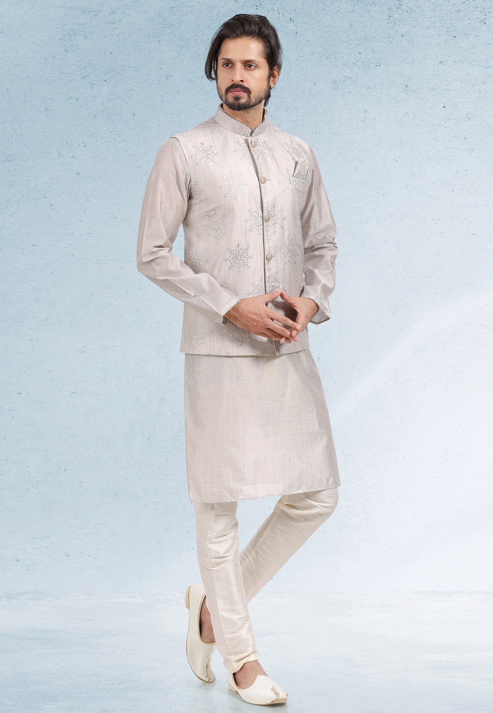Off White Art Silk Kurta Pajama With Jacket 257559