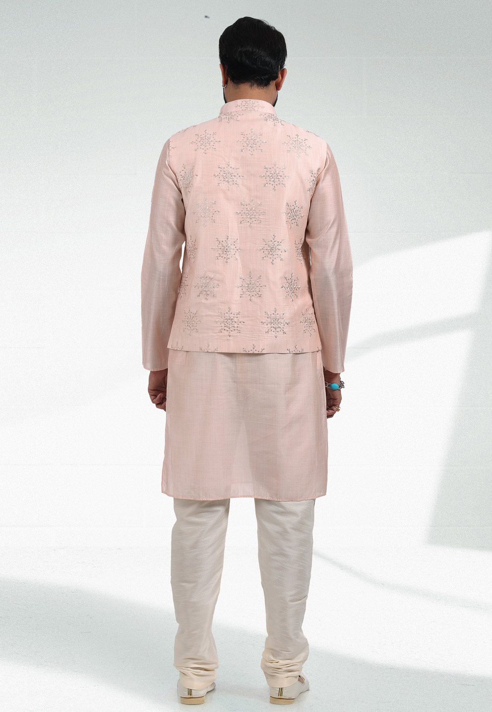 Wedding Wear Men Satin Peach Kurta Pajama Nehru Jacket Set, Handwash at Rs  700/set in Surat