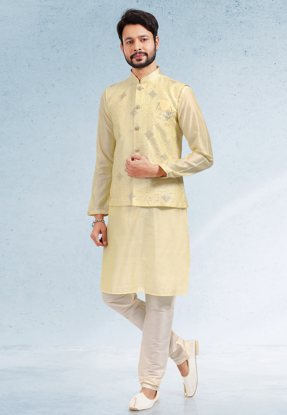 Yellow Art Silk Kurta Pajama With Jacket 257561