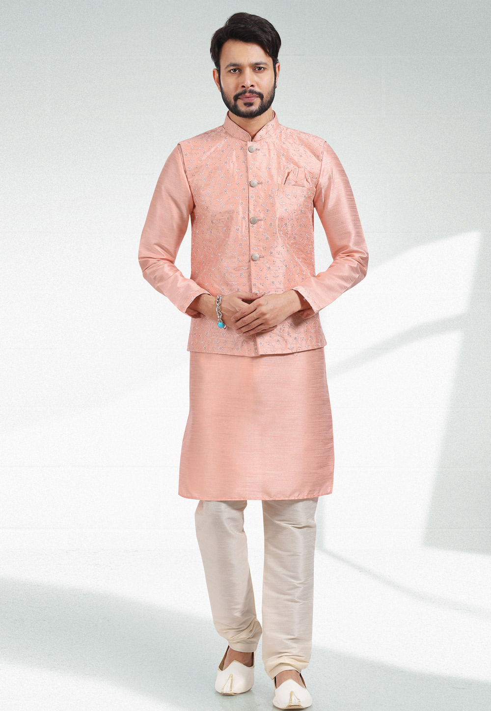 Men's Blue Color Nehru Jacket With Kurta Pant Set - Hilo Design – Trendia