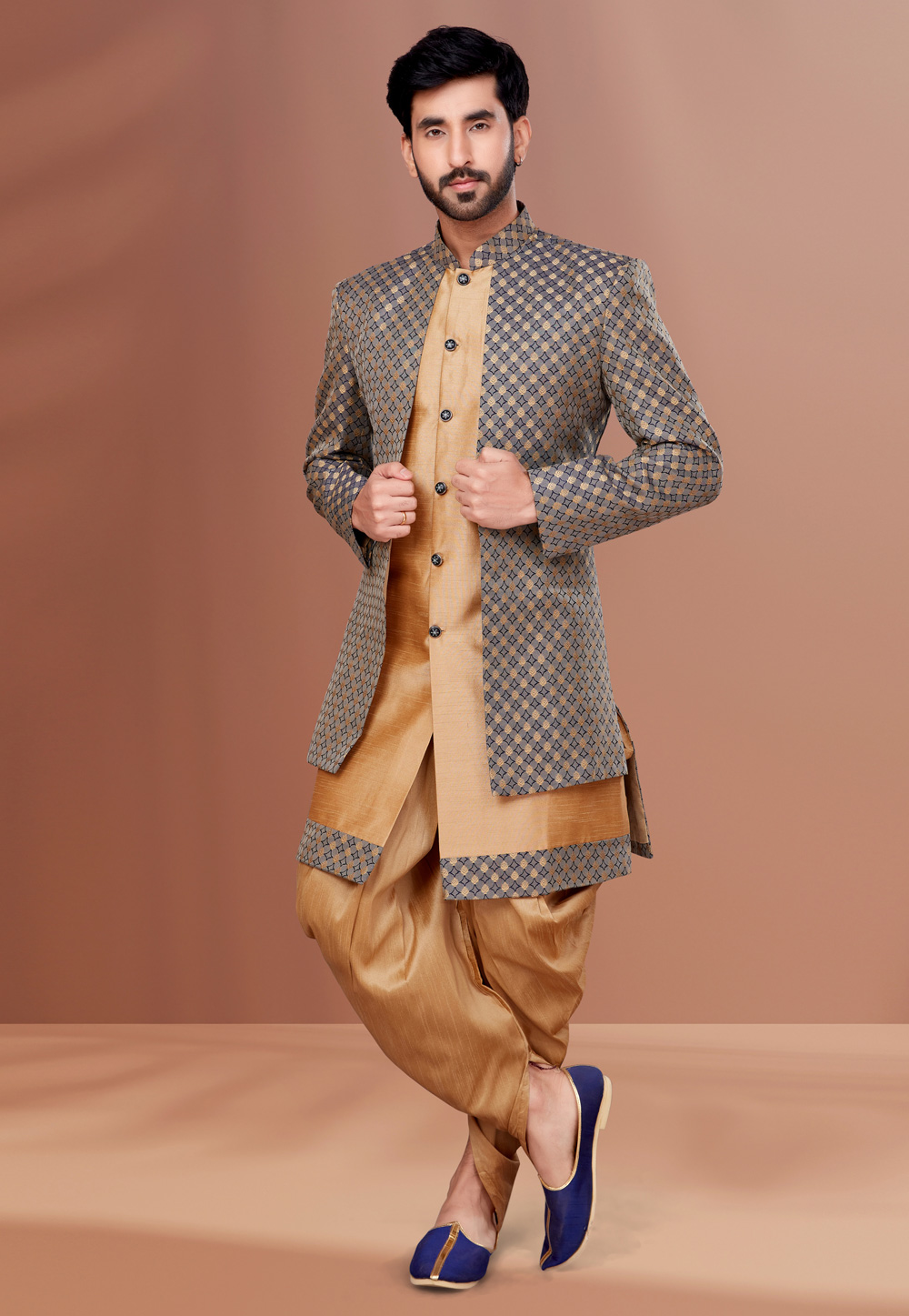 Beige Jacquard Indo Western Suit 257207