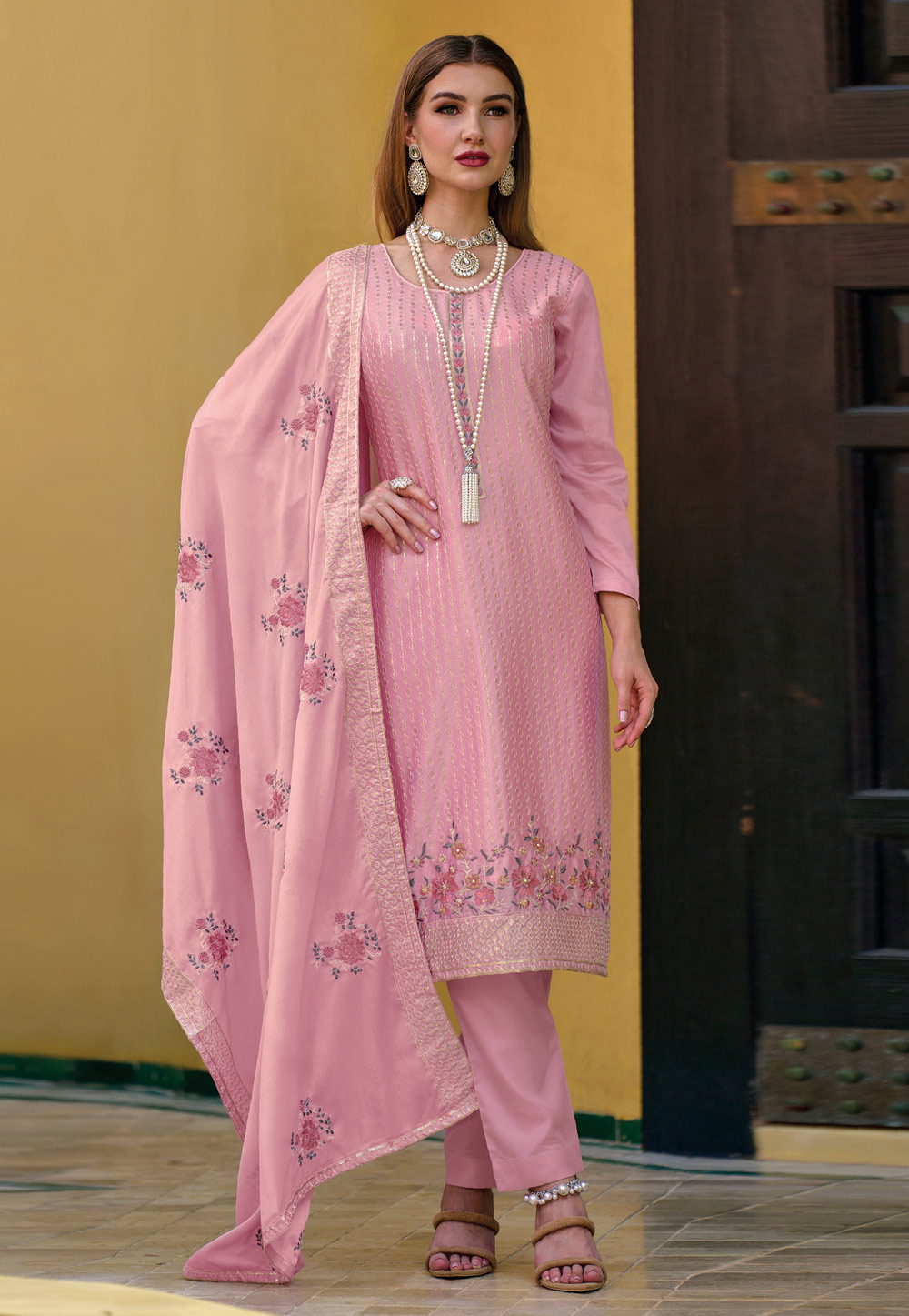 Pink Chinon Pant Style Suit 258537