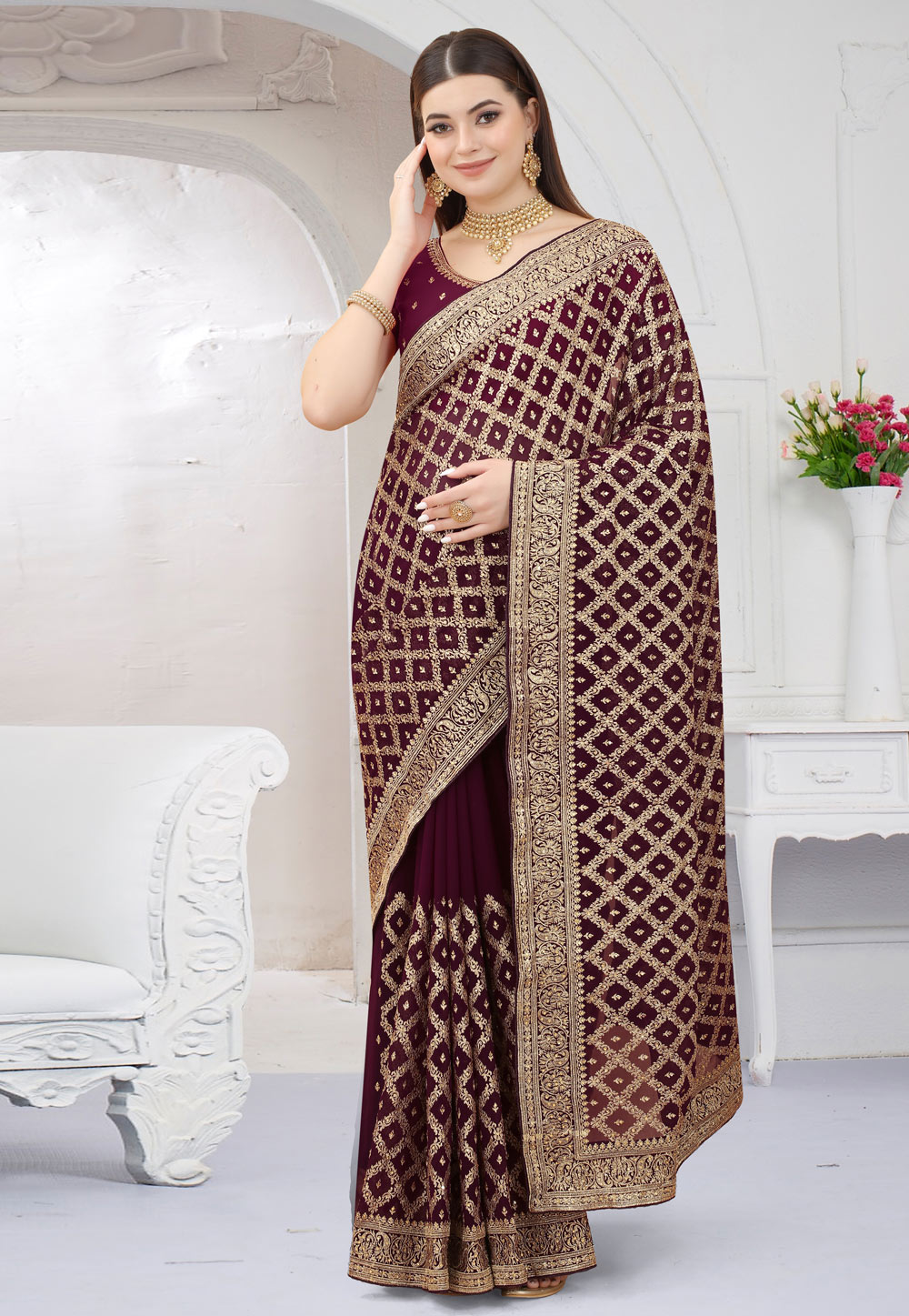 Wine Georgette Saree With Blouse 252764