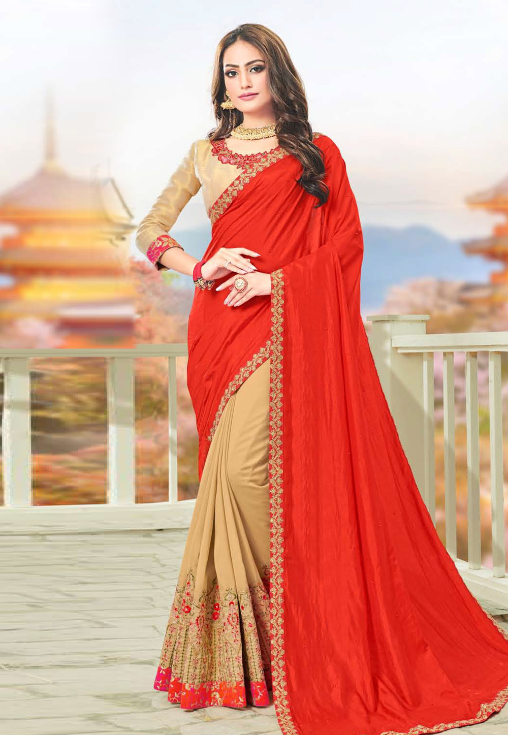 Red Bhagalpuri Silk Half N Half Saree 211741