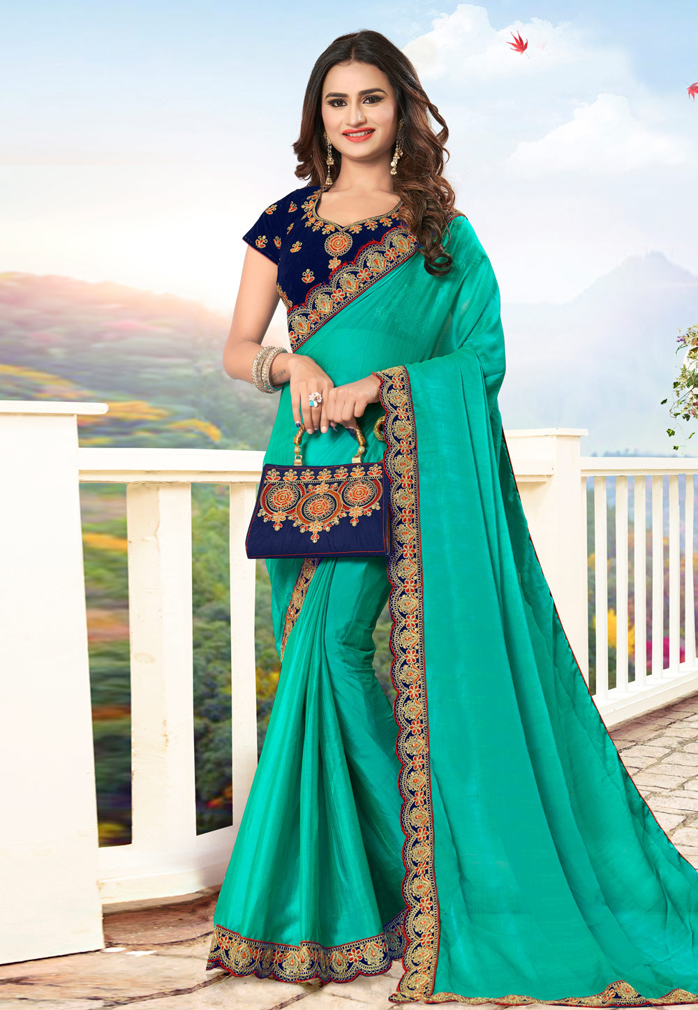 Turquoise Chiffon Saree With Blouse 211732