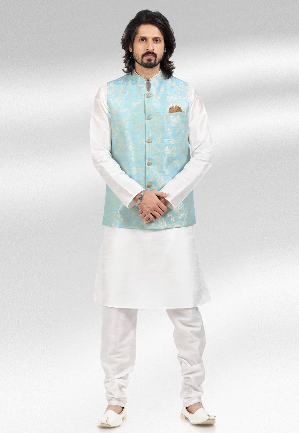 White Jacquard Kurta Pajama With Jacket 257457