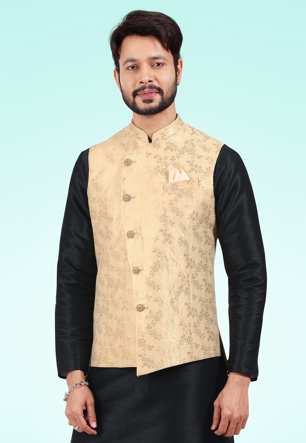 Buy Kalyum Yellow Solid Kurta With Pyjama & Black Printed Nehrujacket set  For Boys Online at Best Price | Distacart