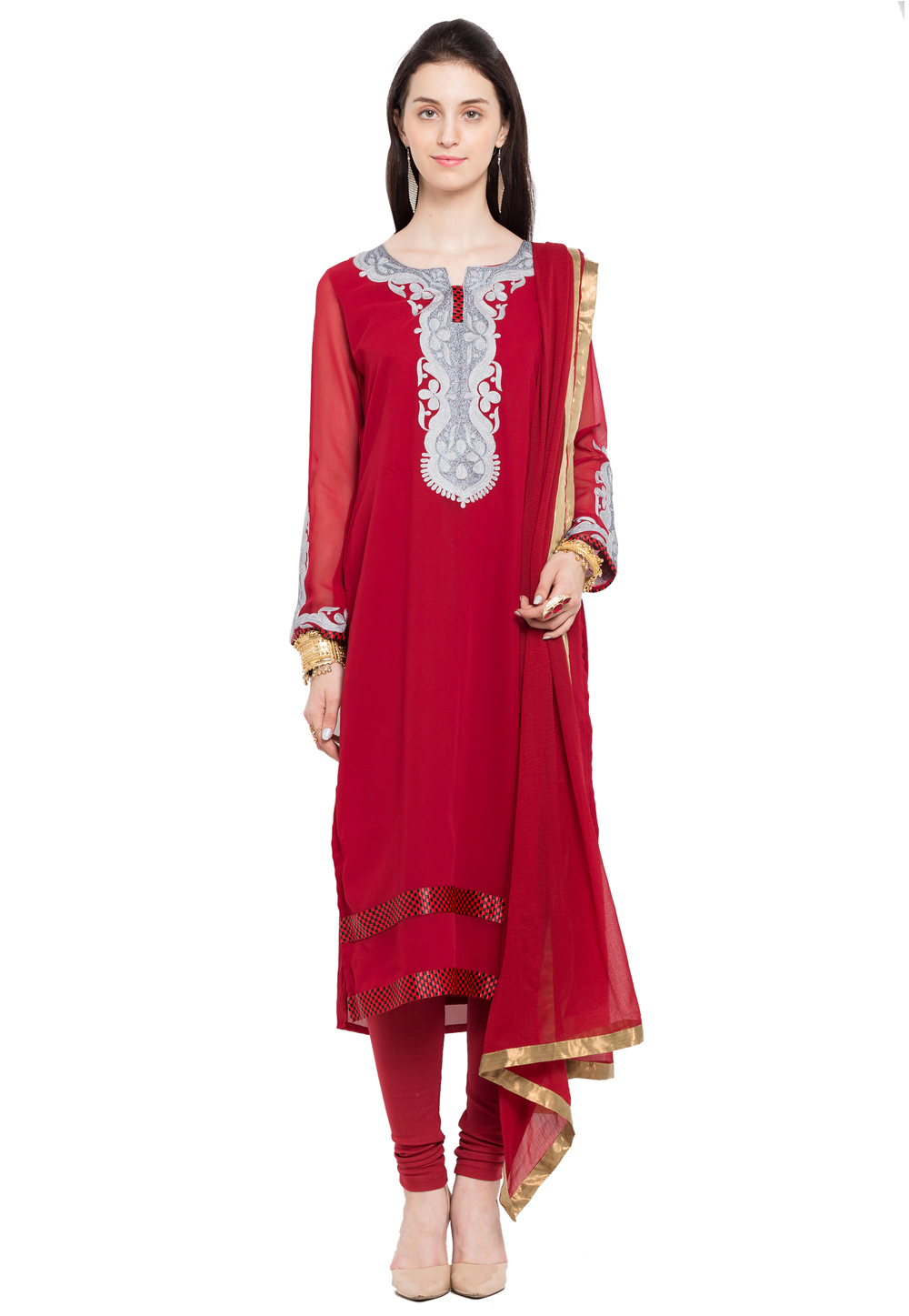 Maroon Faux Georgette Readymade Churidar Suit 230336