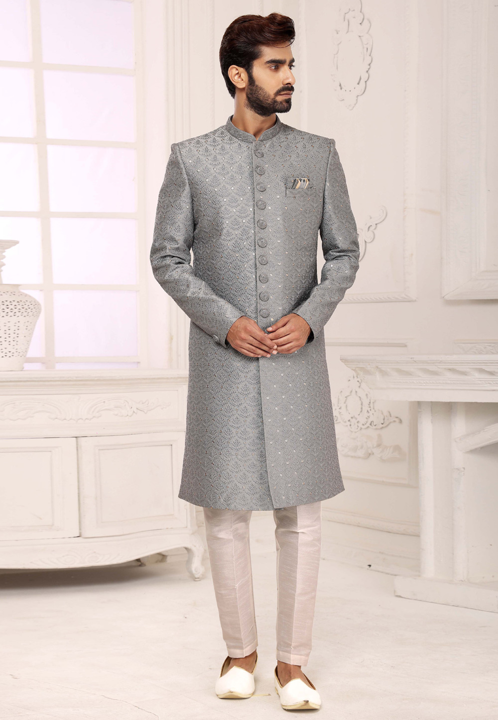 Grey Banarasi Silk Indo Western Sherwani 249950