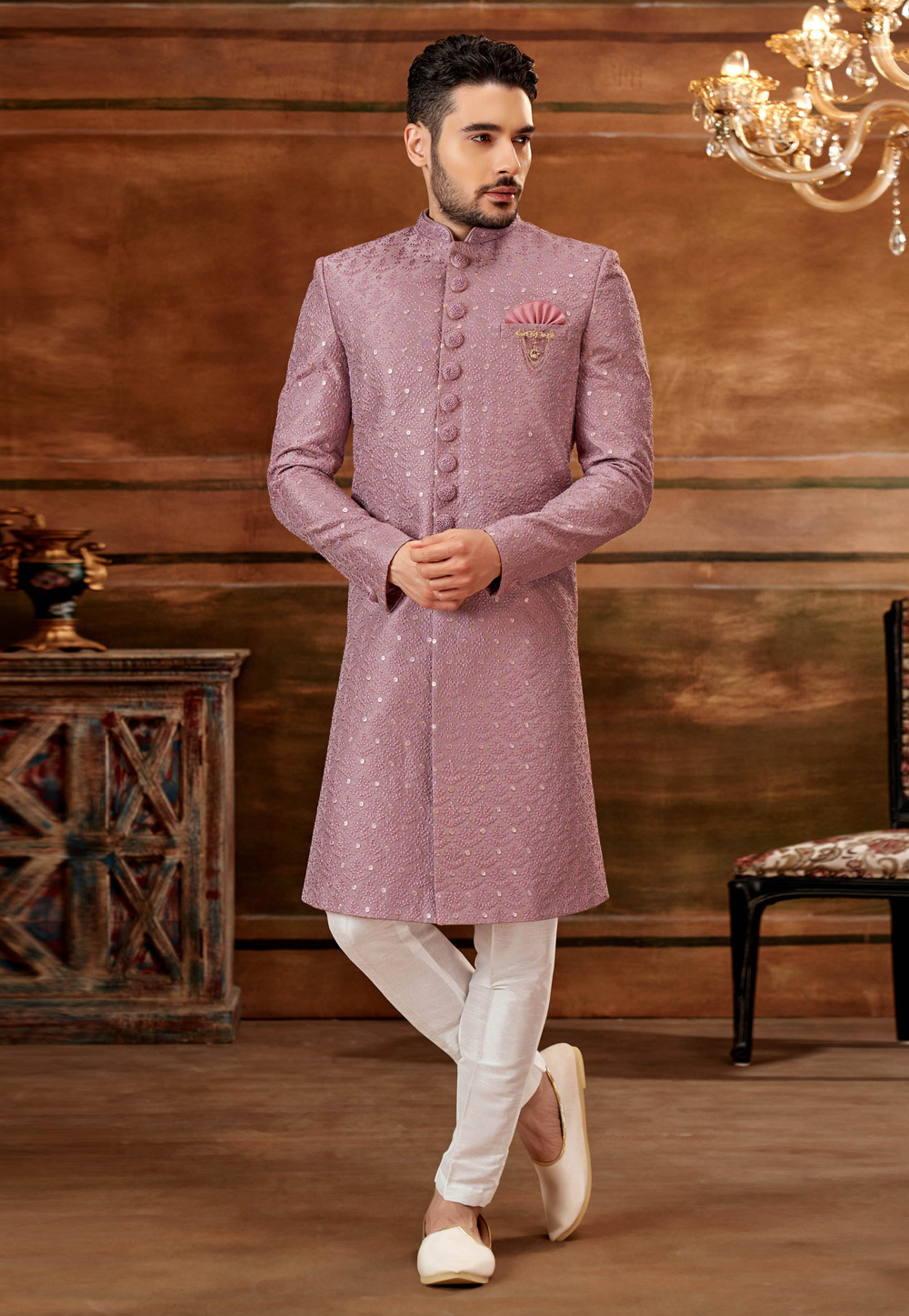Pink Banarasi Silk Indo Western Sherwani 249951