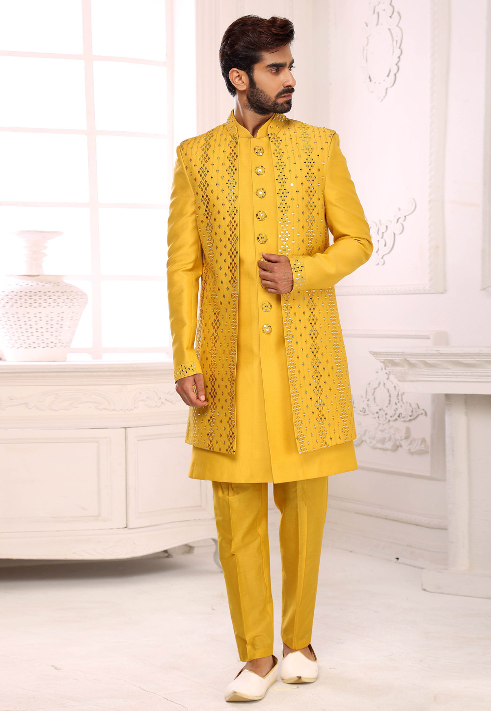 Yellow Art Silk Indo Western Sherwani 249978