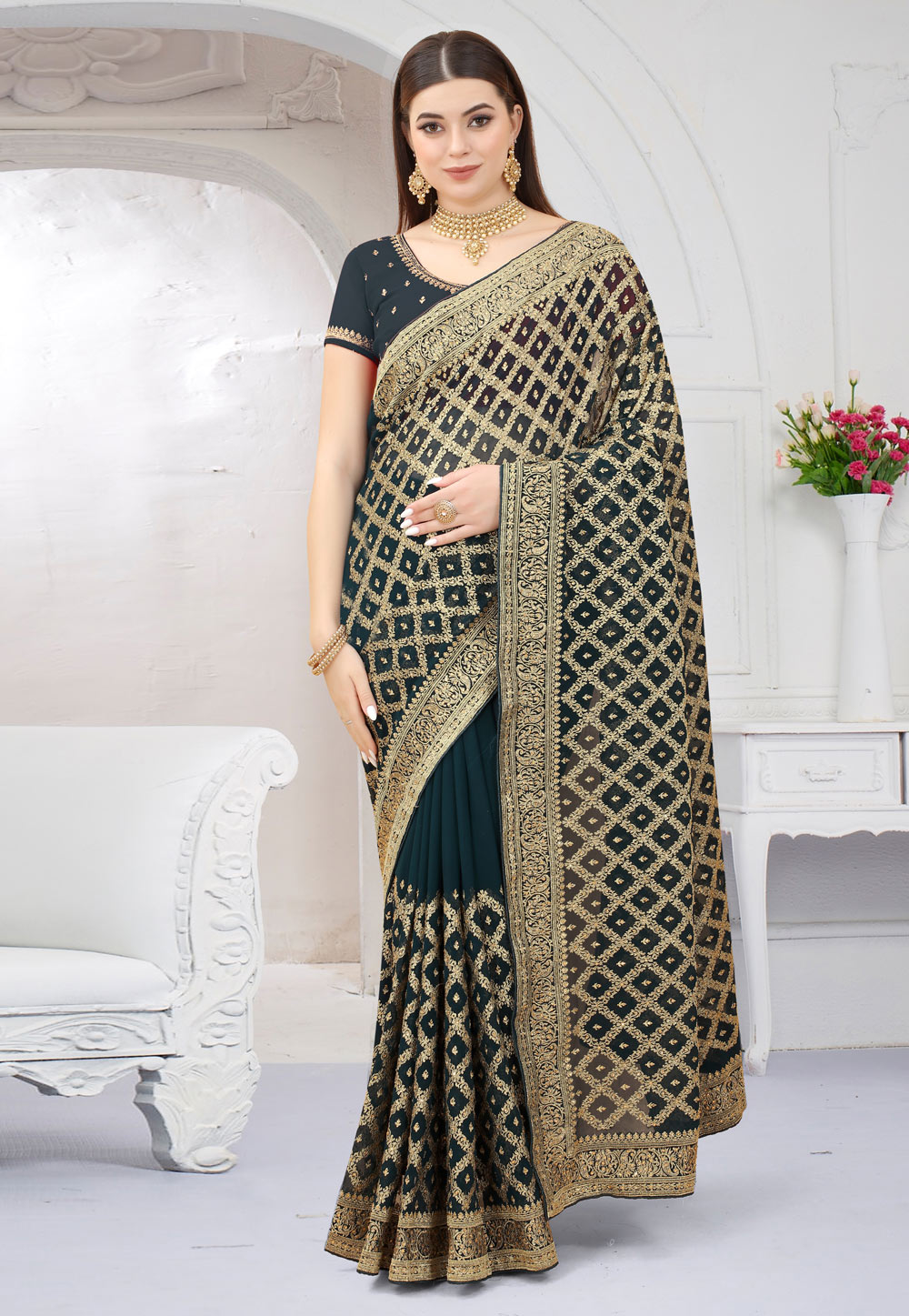 Teal Georgette Saree With Blouse 252767