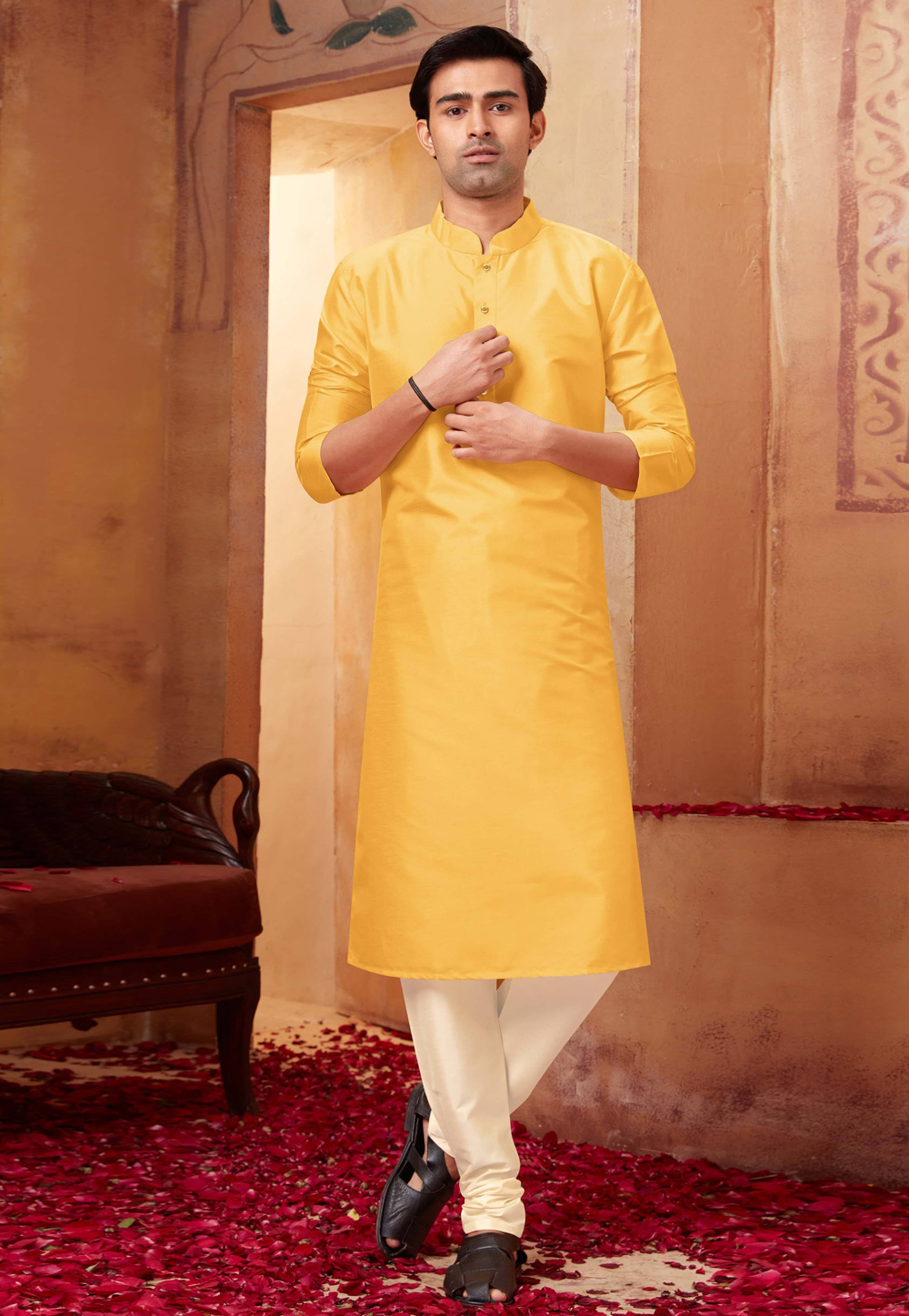 Yellow Silk Kurta Pajama 258019