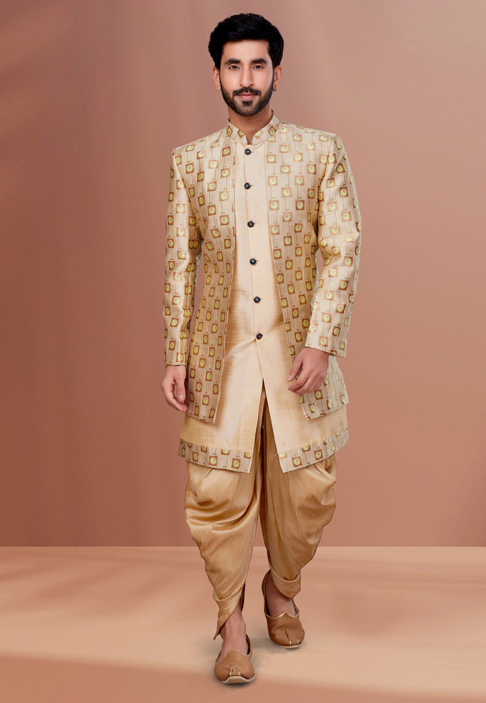 Cream Jacquard Indo Western Suit 257211