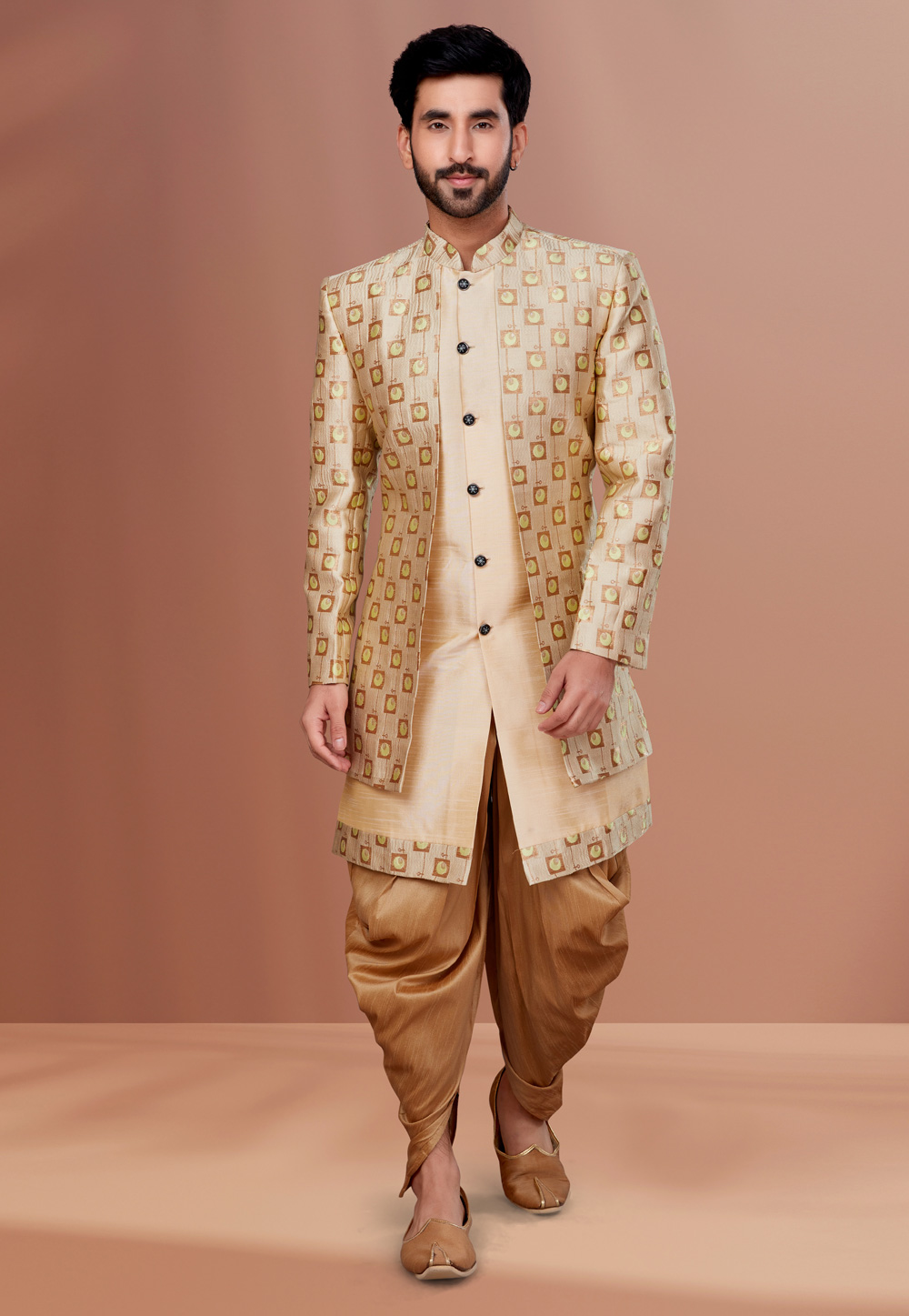 Cream Jacquard Indo Western Suit 257211