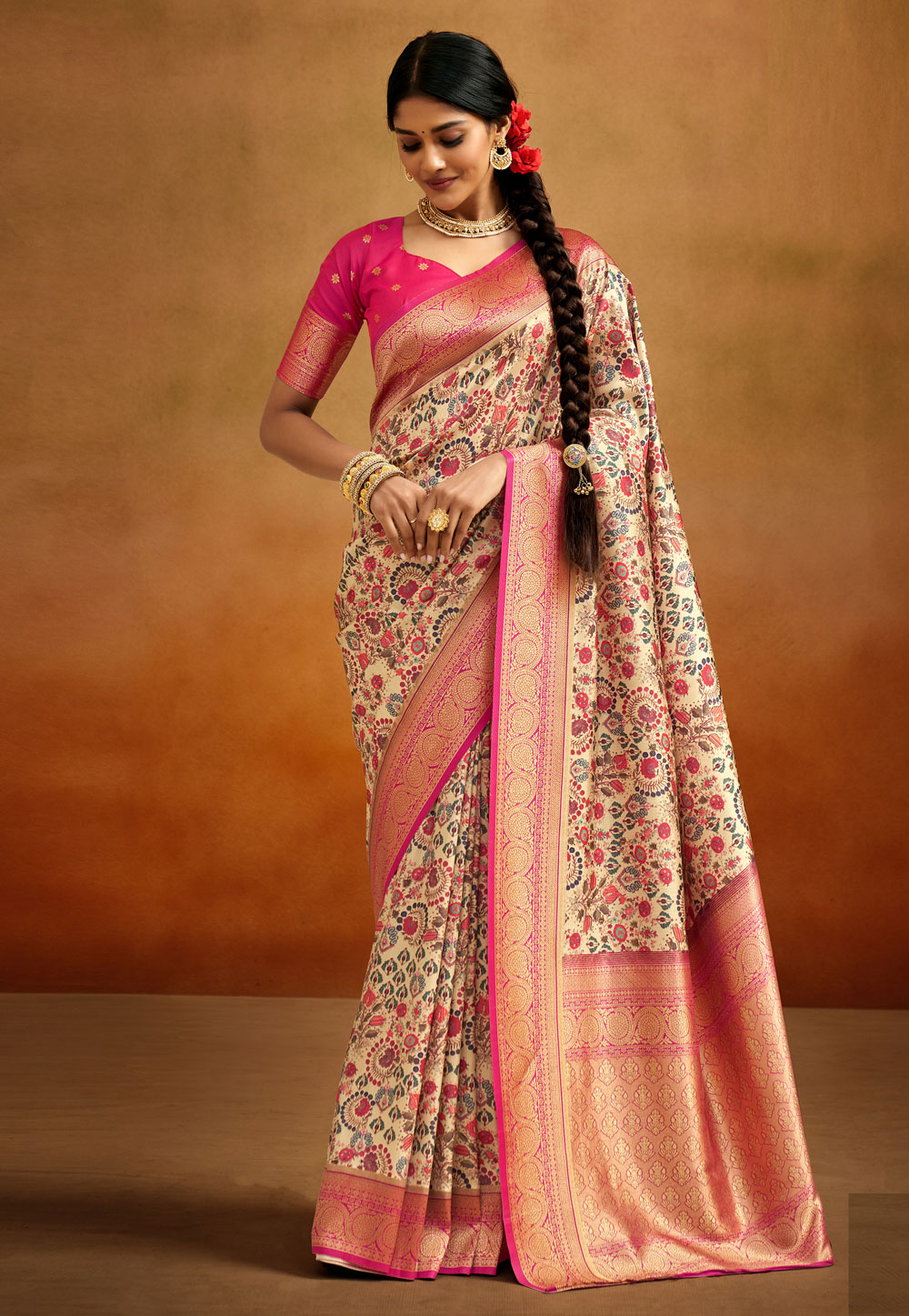 Cream Banarasi Silk Saree With Blouse 269683