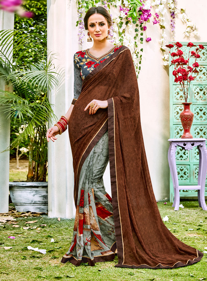 Brown Georgette Saree With Blouse 133615