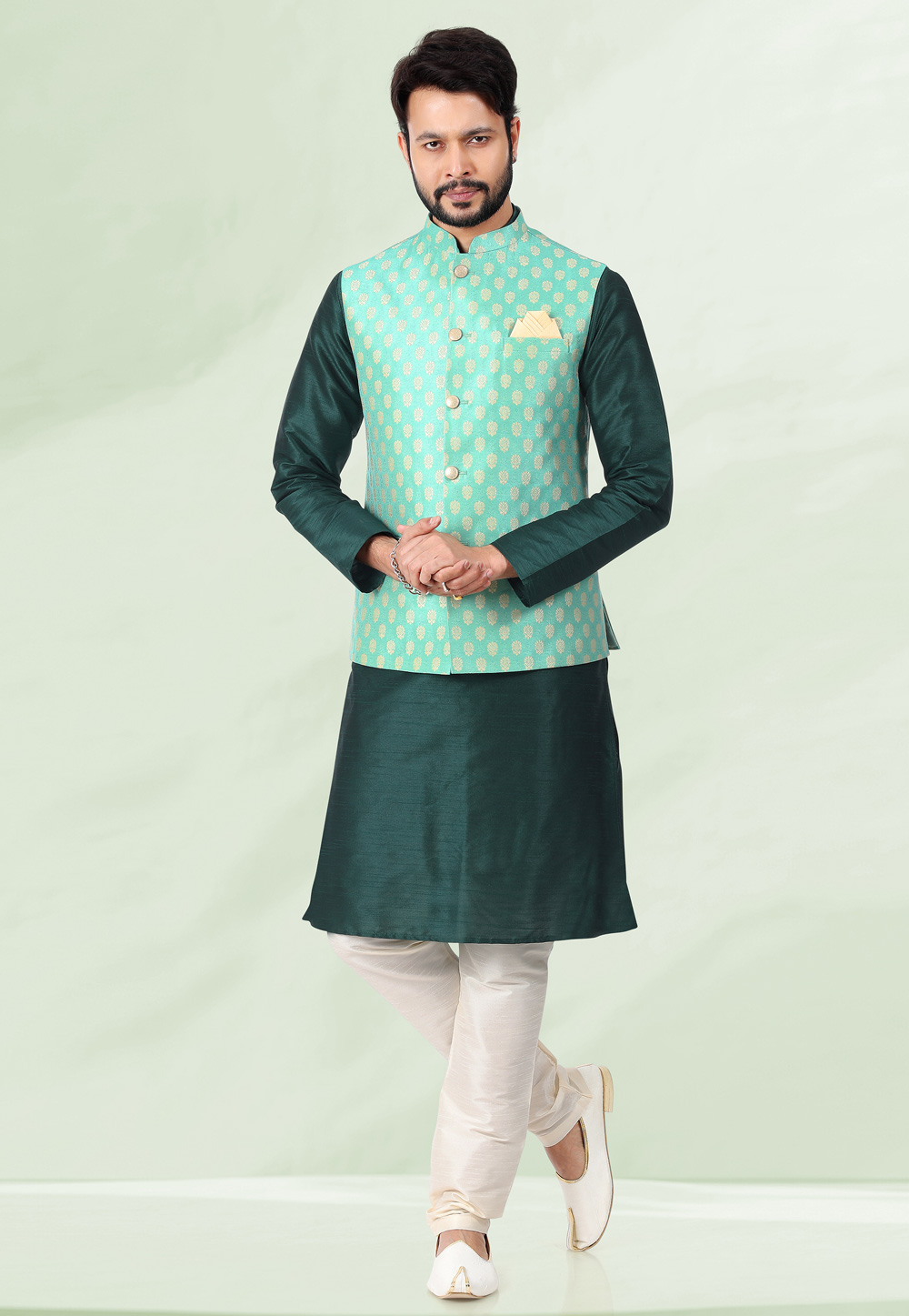 Green Jacquard Kurta Pajama With Jacket 258149