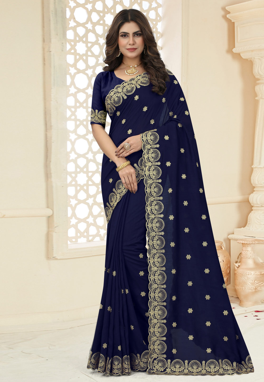 Royal Blue Floral Embroidered Pure Crepe Draped Saree