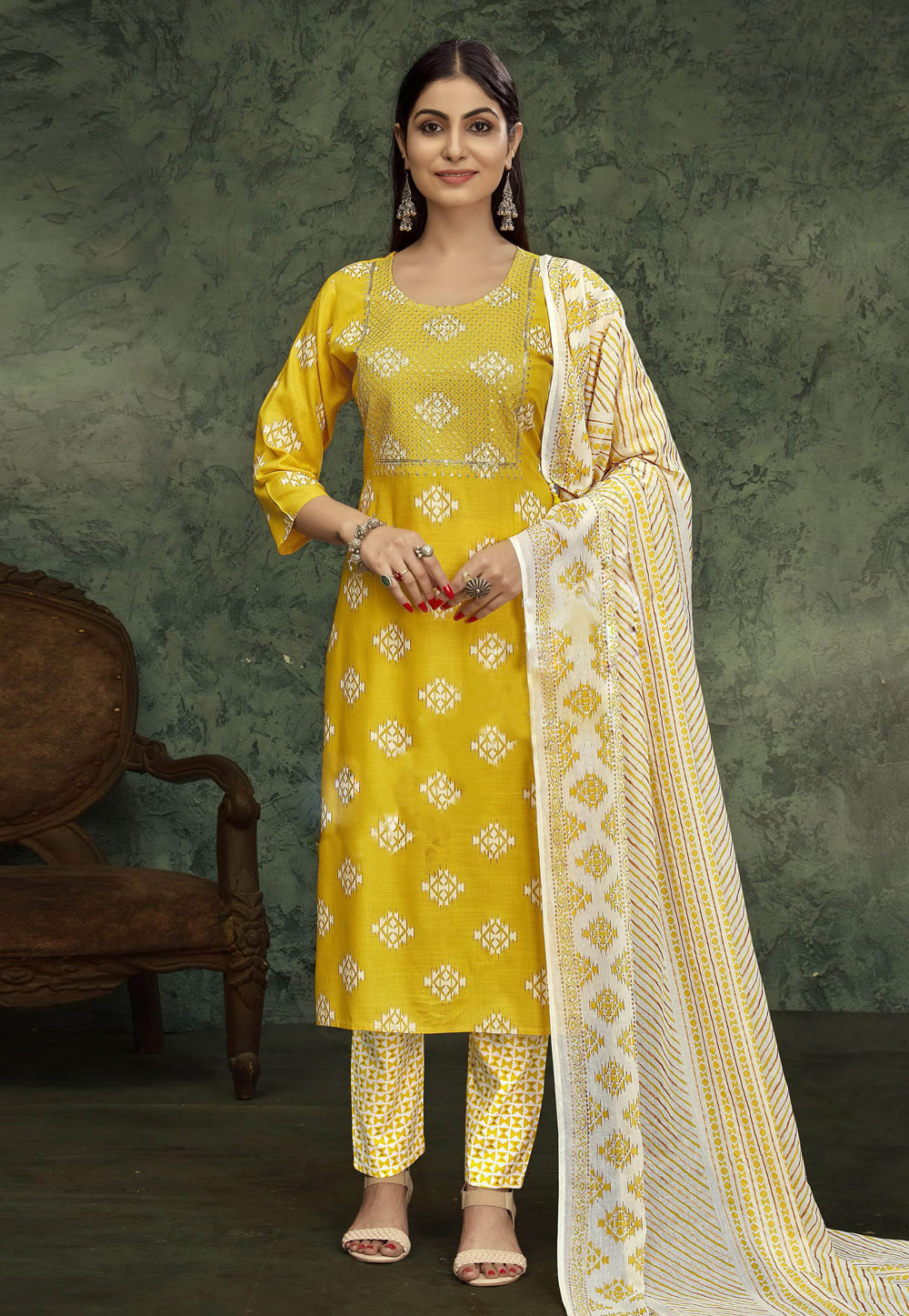 Yellow Rayon Readymade Pant Style Suit 250075